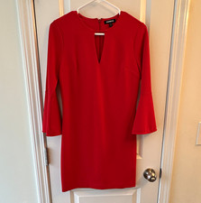 Express Red Solid Shift Dress V-Neck 3/4 Bell Sleeves Zip Short Size xs