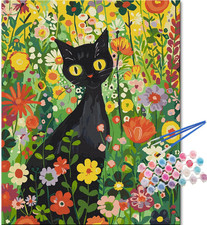 Black Cat Paint by Numbers Kit for Adults, Flower Kitty Adult Paint by Number Ca