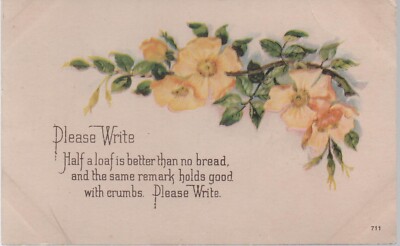 Postcard, Vintage Please Write, c1920s, Unused, fair shape, Yellow Flowers
