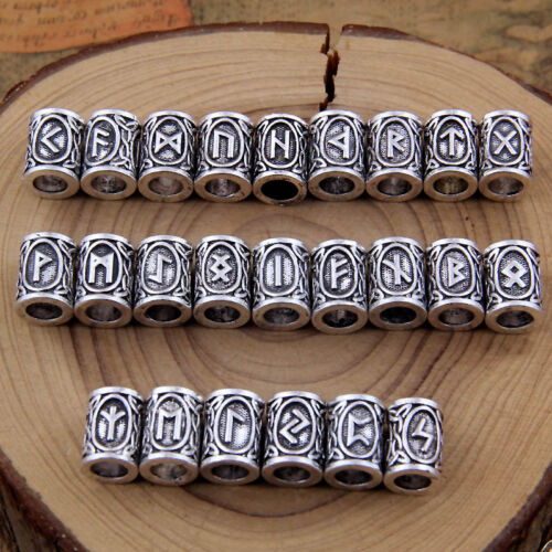 Viking Norse Beard Hair Beads Rings Set of 24 Futhark Runes Stainless Steel  - Picture 1 of 10