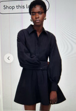 Madewell $138 Seamed Long-Sleeve Mini Shirtdress in Poplin Black Size 14 #NV025