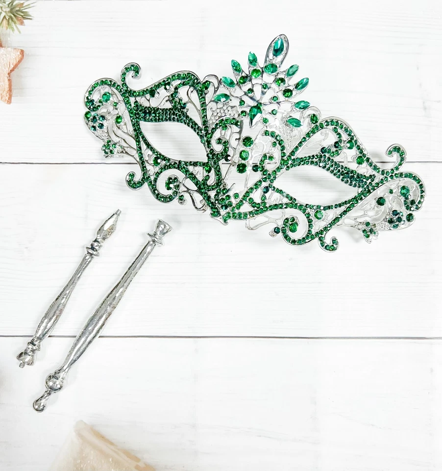Máscara de Mascarada de Cristal Verde con Palo, Máscara de Mascarada de Plata, Fiesta de Boda Foto 3 de 4