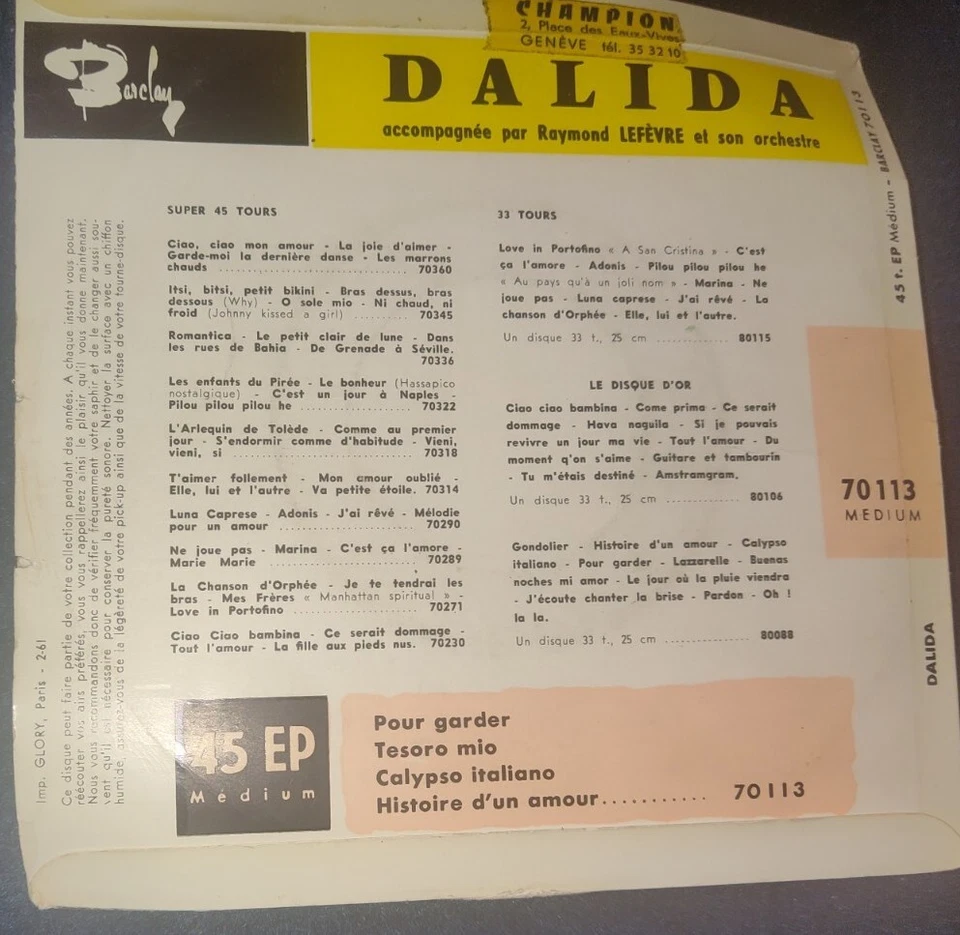 DALIDA / Pour garder, Calypso Italiano BARCLAY 70113 M Press France 1957 EP USED - Image 4 of 4