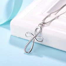 Women 925 Sterling Silver Infinity Cross CZ Religious Necklace Pendant 16" B55