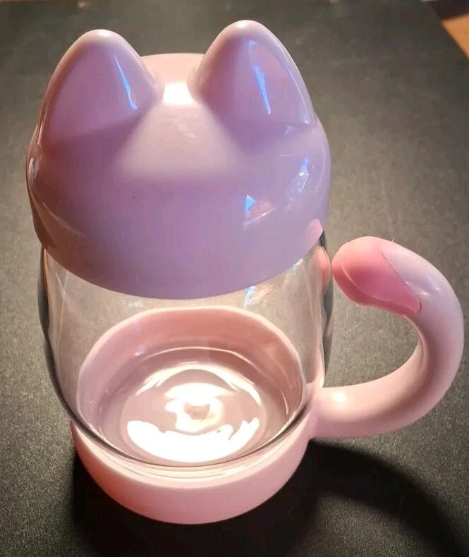 BOWO Strainer Tea Cup - Pink Cat Design with Infuser Lid, Cute Glass Mug for Loo