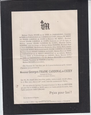 1907 Sterbeurkunde Georges FRANK CARDINAL de CUZEY - Brest (Finistère).