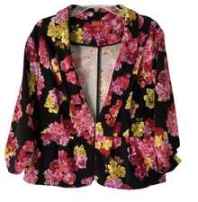 Elle Crop Jacket Blazer Womens Xl Black Floral 3/4 Ruched Sleeve Stretch Career