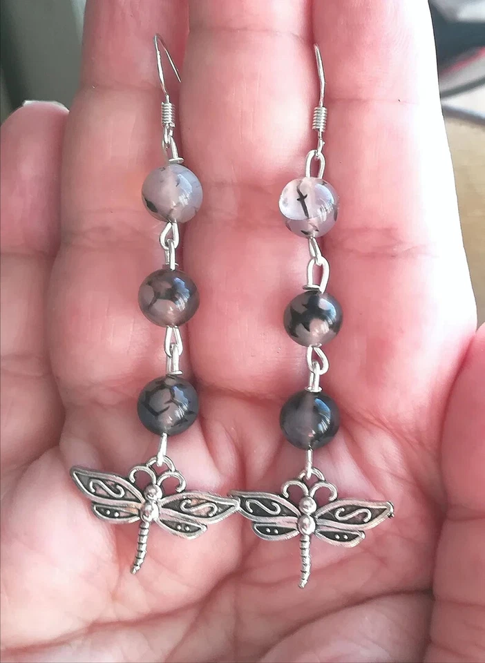 ORECCHINI LIBELLULA IN AGATA NATURALE DRAGON VEINS E ARGENTO ORECCHINI DRAGONFLY - Immagine 3 di 4