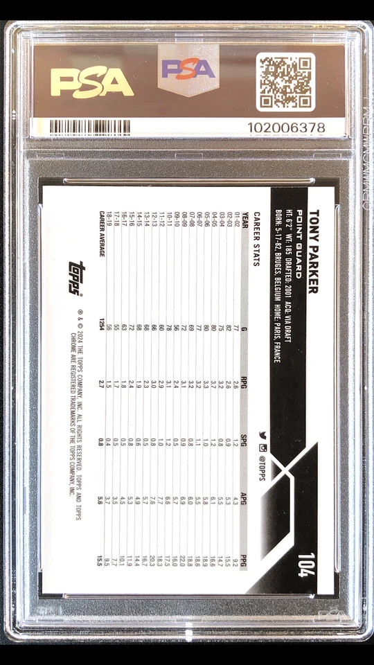 2023 Topps Chrome Sapphire Tony Parker Gold Refractor /50 #104 PSA 10 Gem Mint - Image 2 of 4