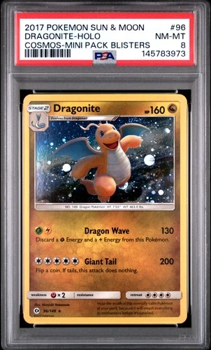 2017 POKEMON SUN & MOON COSMOS-MINI PACK BLISTERS #96 DRAGONITE-HOLO PSA 8