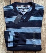 TOMMY HILFIGER V-NECK PIMA STRIPED SWEATER BLUE MENS LARGE NEW WITH TAGS