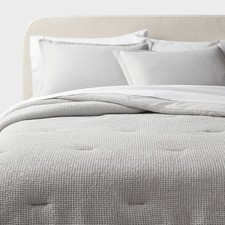 Full/Queen Trad Washed Waffle Weave Comforter and Sham Set Comfort Light Gray