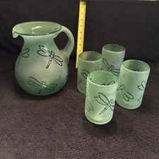 Frosted Green Pitcher With 4 Matching Tumblers.