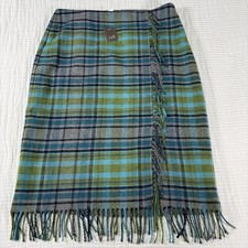 J Jill Skirt 8 Green Plaid Wrap Fringe Pencil Wool Y2K Twee Dark Academia Preppy