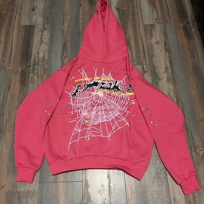 sp5der Pink Graphic Web Hoodie 100% Cotton Fleece Pullover Crew