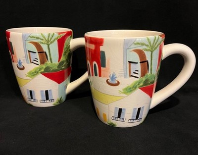 Set of Pier 1 Villa Del Sol Mugs Hand Painted Earthenware Coffee Tea CeramicRead