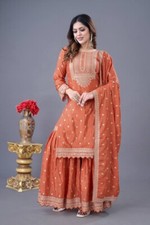 New Latest Heavy Chinnon Silk Orange Palazzo Suit With Dupatta For Function Wear