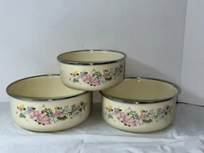3PC Set of Ivory & Pink Floral Enamel Nesting Mixing Serving Bowls