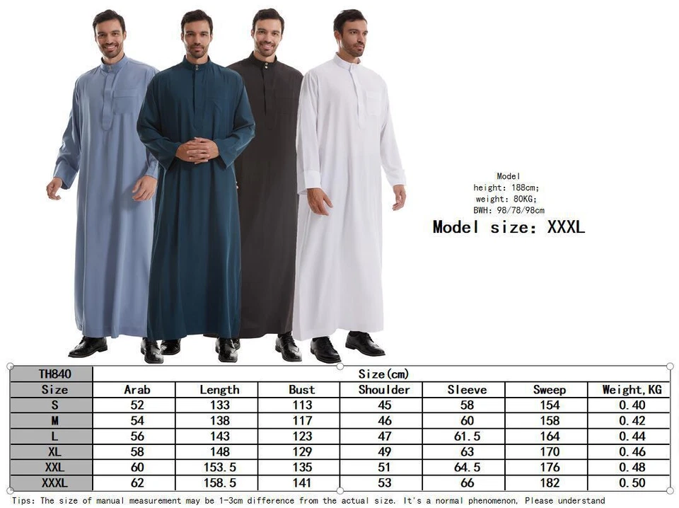 Roupão muçulmano masculino Thobe Jubba Thoub Abaya saudita Kaftan Dishdasha roupão árabe - Imagem 2 de 4