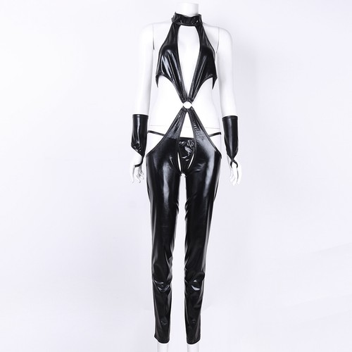 Tuta intera in similpelle lucida con cerniera tra le gambe, a maniche lunghe, sexy, da donna