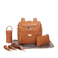 ELF RILEY Nappy Bag Backpack Diaper Faux Leather Brown Baby Mummy 6pcs