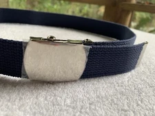 VTG Webbed Belt Mens 29-30 Navy Blue Cotton Canvas Silver Plaque Buckle Taiwan