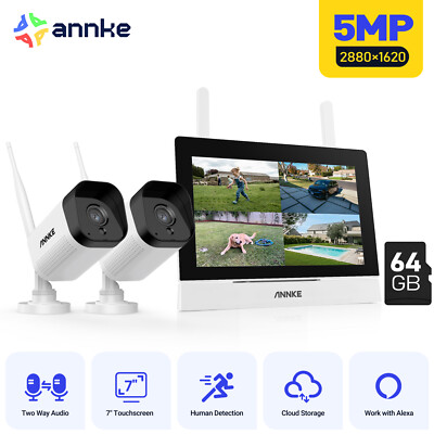 ANNKE Wireless 5MP Security Camera System 2-Way Audio 4CH 7'' Monitor NVR w/64GB 