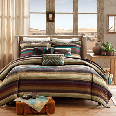 BEAUTIFUL COZY BLUE TEAL PURPLE GREEN BROWN SOUTHWEST CABIN STRIPE QUILT SET