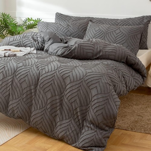 Gray Leaf Shape Tufted Duvet Cover King(91''x 102'') Size LightWeight