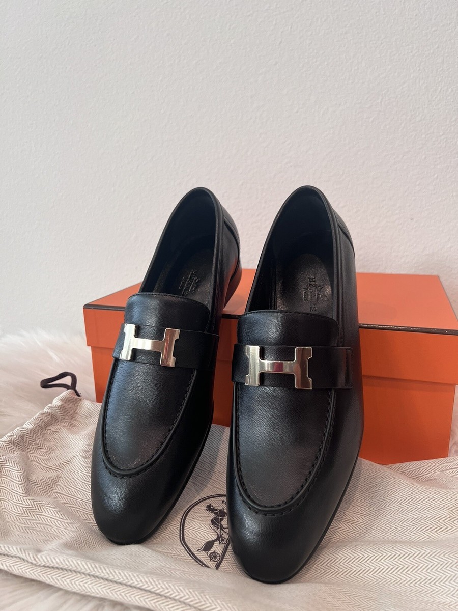 HERMES エルメス　Hロゴ　ゴールドロゴ　ローファー　ブラック　黒 HERMES◇Hロゴ金具/ローファー/40/BLK/レザー/黒/ブラック