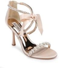 Badgley Mischka Ivory Satin Strappy Heels Rhinestone Pearl Bow Open Toe 8.5