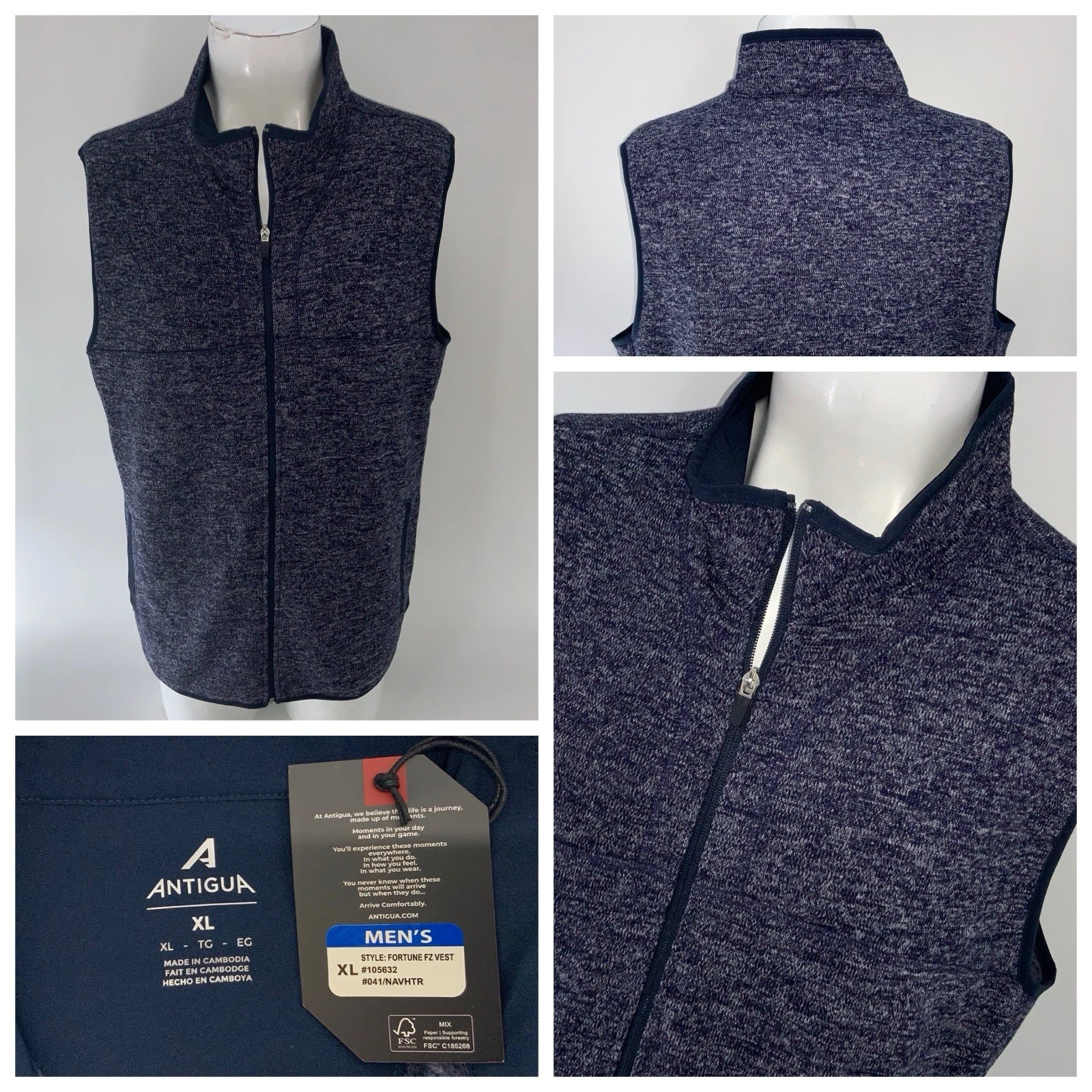 Antigua Fortune Full Zip Vest Men’s XL Navy Heathered Polyester NWT YGI V5-83