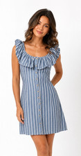 American Eagle Women's Blue White Stripe Ruffle Button Dress XL Costal Beach