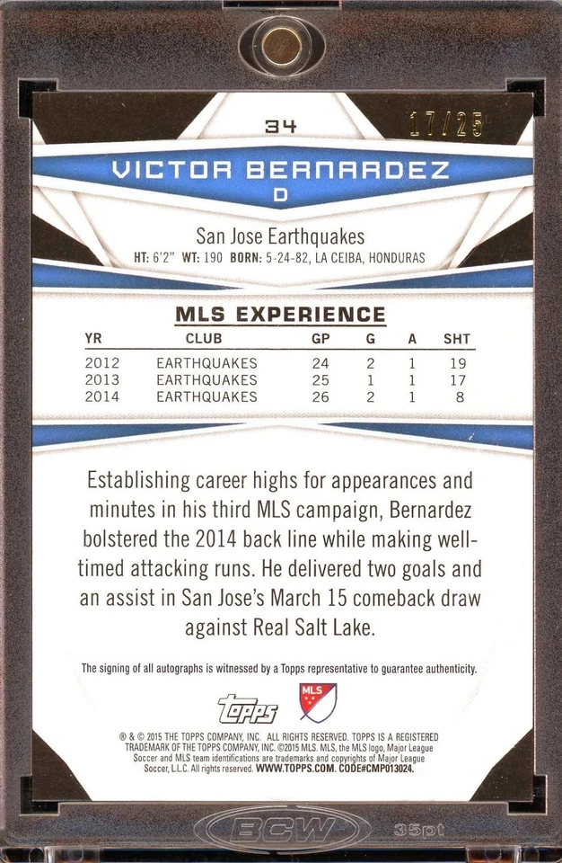 2015 Topps MLS Victor Bernardez San Jose Earthquakes Gold Auto /25 Mag Case! - Image 2 of 2