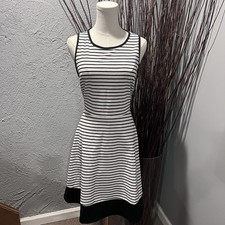 Nicole Miller Black White Striped Dress Women Fit Flare Skater Knit Medium
