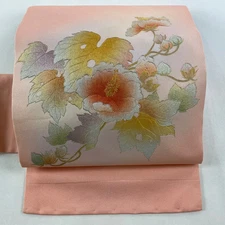 Nagoya Obi Pink Silk Mitsumasa Wada Signature Flowers Gold Vintage 395cm