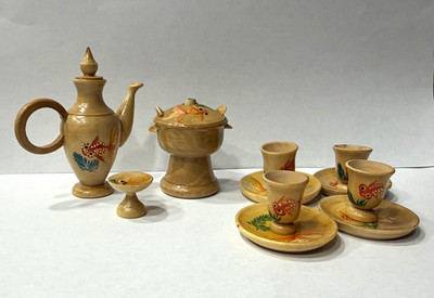 Vintage oriental wooden dollhouse tea set with  hand painted Koi Goldfish
