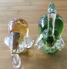 Hand Blown Crafted Crystal Clear Glass Art Emerald Green & Yellow Elephant Pair — photo 4