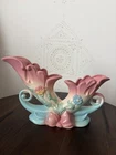 Vintage Hull Art Pottery Bow Knot Double Cornucopia Vase B-13-13 Pink Blue 1940s