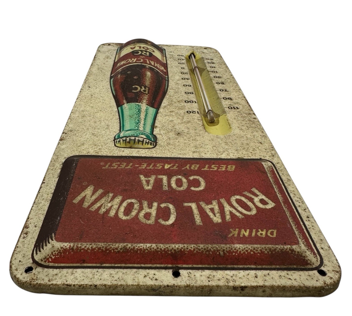 ORIGINAL ROYAL CROWN RC COLA ADVERTISING THERMOMETER SIGN RAISED BOTTLE