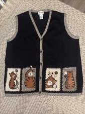 Vintage Breckenridge Sz Large Black Sweater Vest Embroidered Cats Flowers