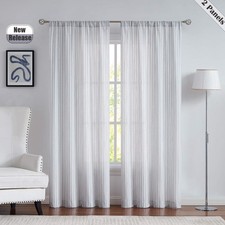 Blue and White Pinstripe Linen Textured Sheer Curtains, 95 Inches Long Farmho...