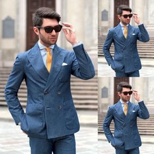 Double Breasted Denim Men's Suits Formal Tuxedos Evening Jacket Casual Blazer