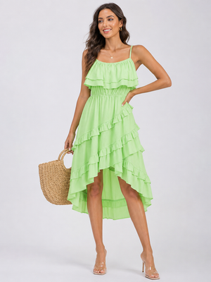 Women's Lime Ruffle Tiered High-Low Midi Dress Sleeveless Vacation Style |  eBay