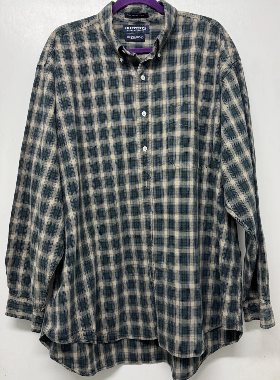 Britches Mens XL 100% Cotton Flannel Shirt Green/Tan Plaid Long Sleeve Outdoor
