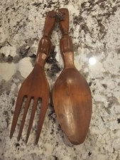 Vintage Colonial Wood Fork & Spoon Wall Decor Kitchen Dinning Farmhouse Cottage 