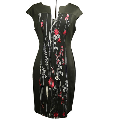 Connected Apparel Floral Embroidered Cap Sleeve Sheath Dress Knee Length Black 8
