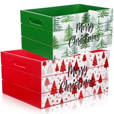 2 Pcs 14inch & 12inch Christmas Wood Storage Boxes with Handles Red and Green...