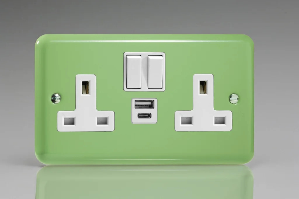 13A Socket Green + USB 2-Gang 1 Pole Lily Beryl White Insert Varilight