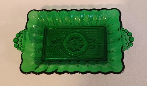 Vintage Anchor Hocking Emerald GREEN Glass RELISH/ CANDY DISH Double Handled.